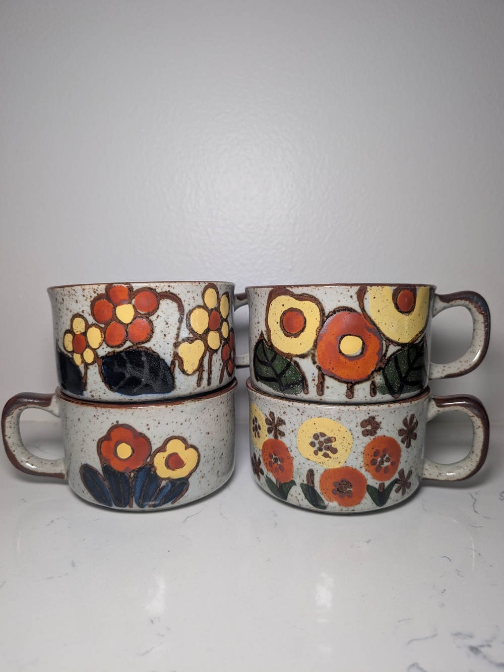 Vintage 1970s Otagiri Japan Hand Painted Floral Stone Mugs Set Of 4